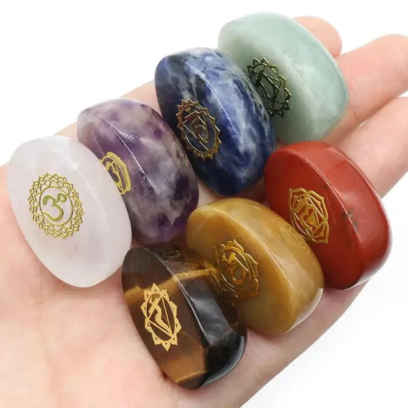 Set of 7 Pieces Natural Stones Pendulum Reiki Healing Stones Engraved Seven Chakra Symbols Reiki Healing Gems - My Storeproduct_type#