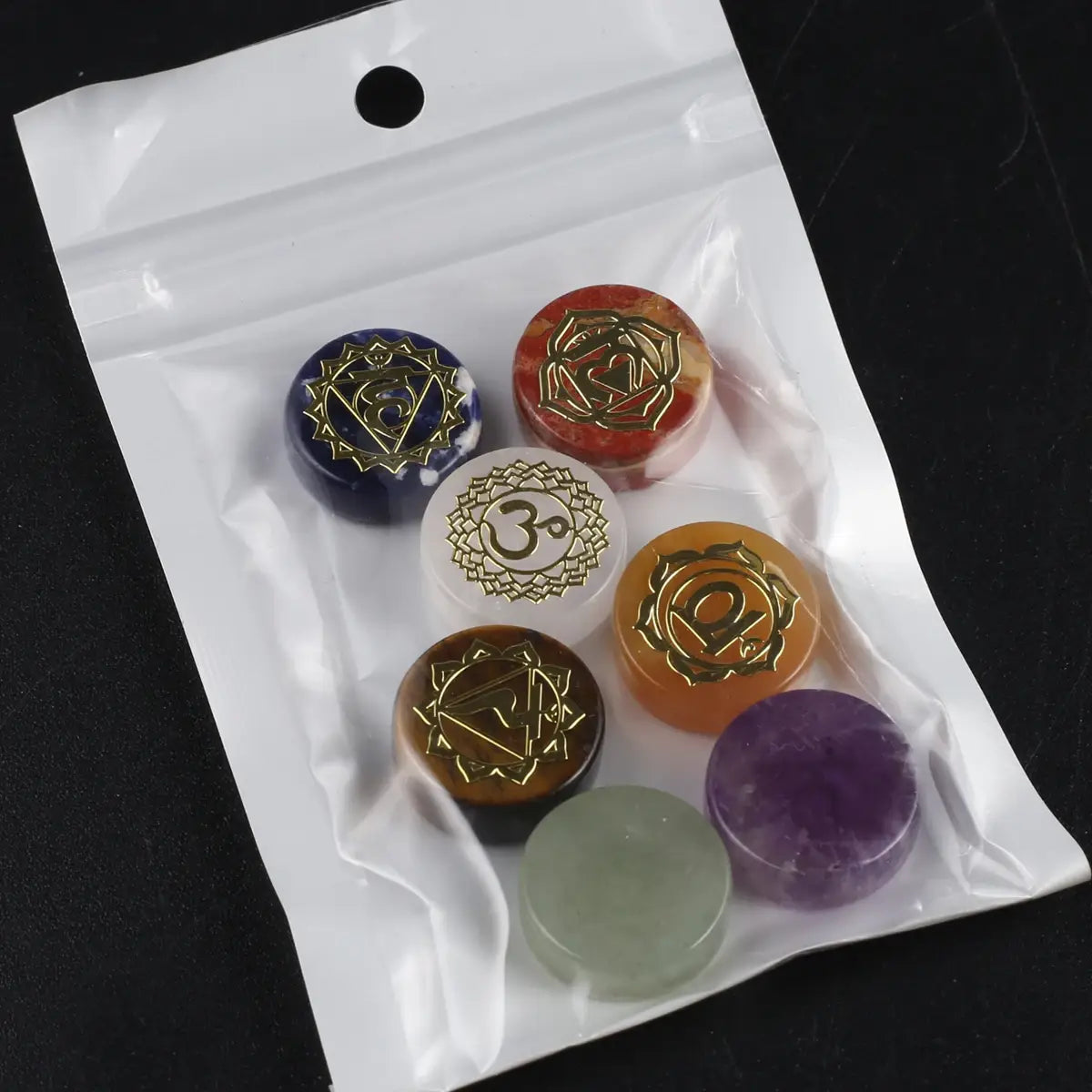 7 Piece Natural Stone Chakra Set | Engraved Reiki Pendulums