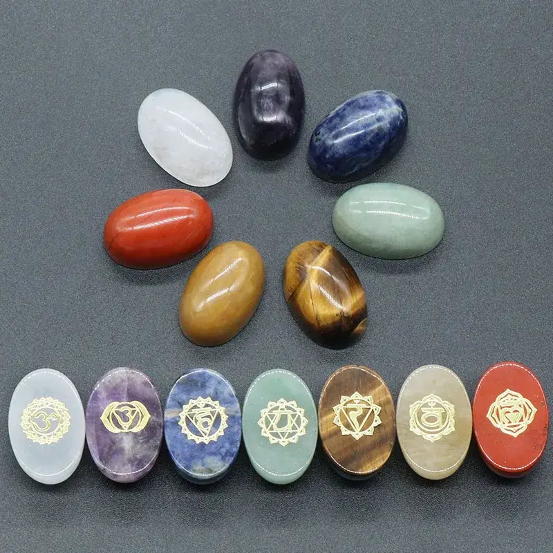 7 Piece Natural Stone Chakra Set | Engraved Reiki Pendulums