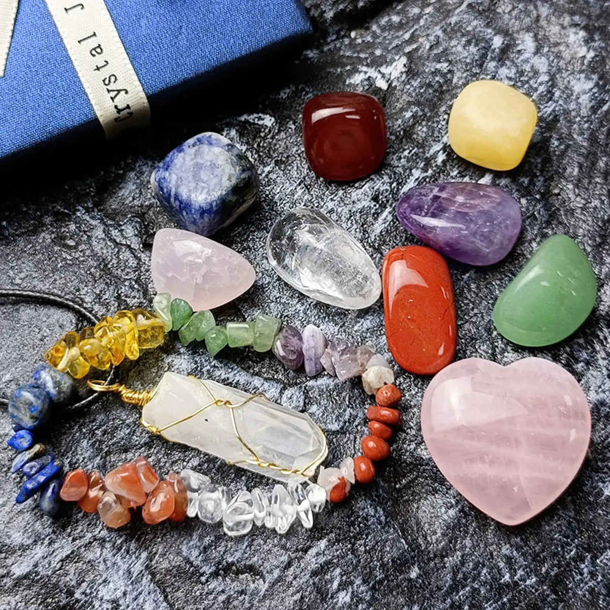 Natural Gemstone Chakra Pendulum Set | 11 Engraved Stones