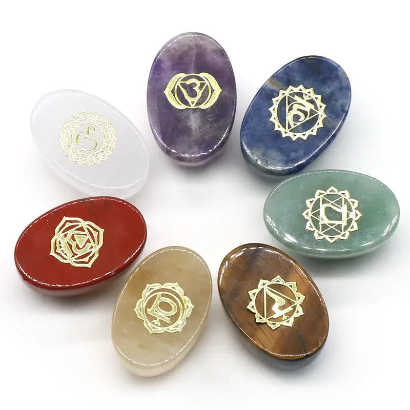 7 Piece Natural Stone Chakra Set | Engraved Reiki Pendulums