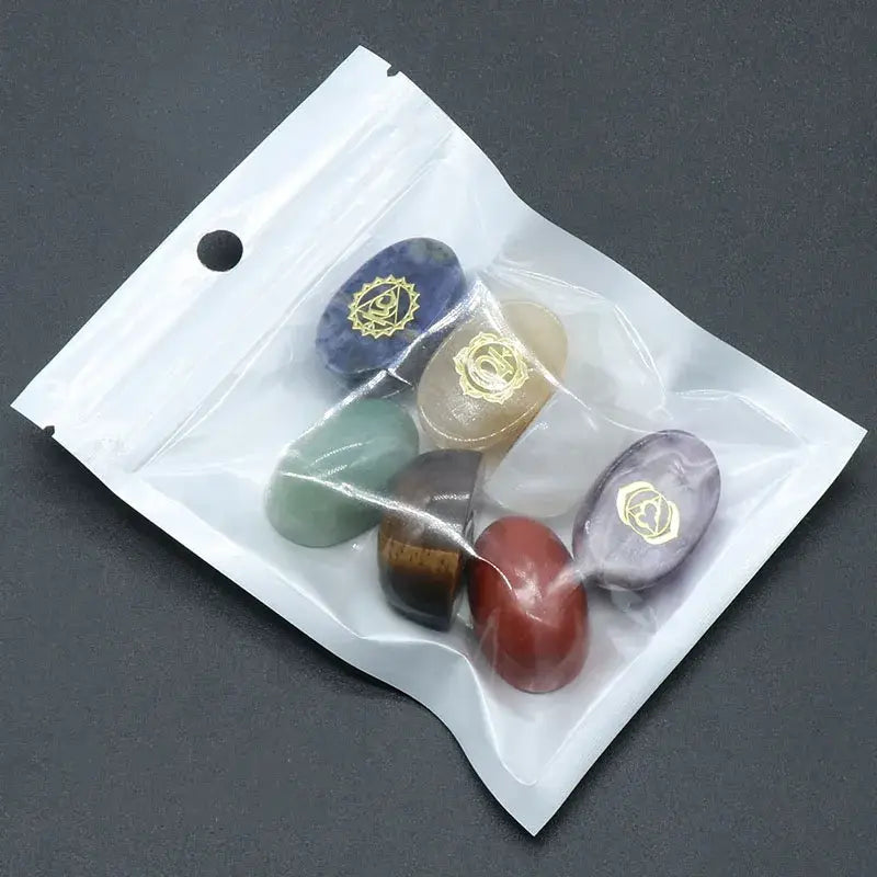 7 Piece Natural Stone Chakra Set | Engraved Reiki Pendulums