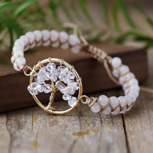 Women's Natural Stone 6mm Beads Double Layer Braided Bracelet Healing Chakra Crystal Tree Life Adjustable Charm Bangles - My Storeproduct_type#