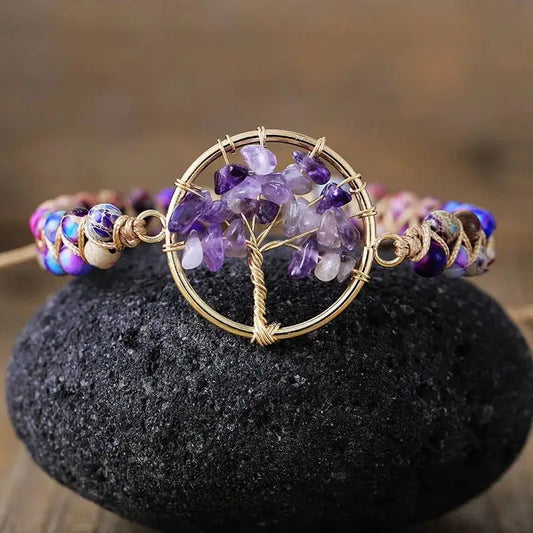 Women's Natural Stone 6mm Beads Double Layer Braided Bracelet Healing Chakra Crystal Tree Life Adjustable Charm Bangles - My Storeproduct_type#